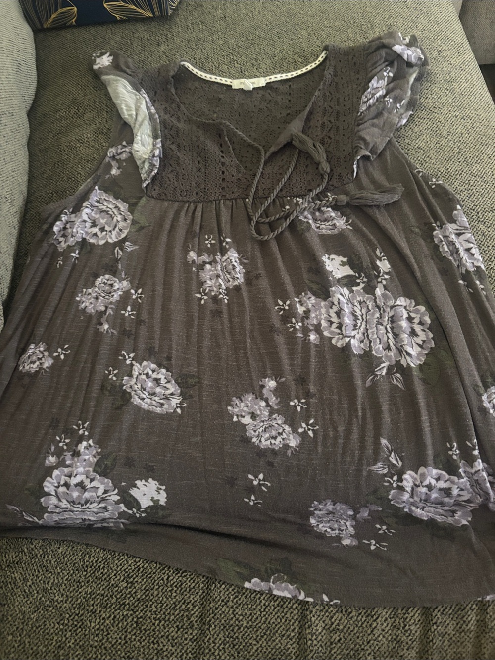Maurices Gray Floral Crochet-Yoke Tunic with Lavender Blossoms